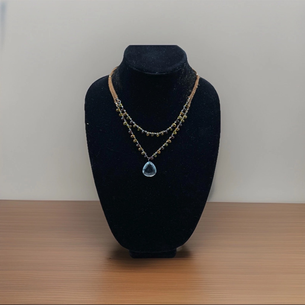 Vintage Monet Signed Multi-Strand Necklace With Clear Teardrop Pendant - Suede